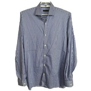 Patrick Assaraf Men's L Blue White Striped Shirt Button Up Long Sleeve